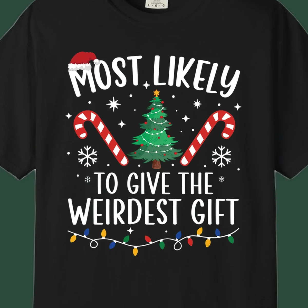Most likely to give the weirdest gift Christmas design with text, Santa hat, tree, candy canes, and lights.