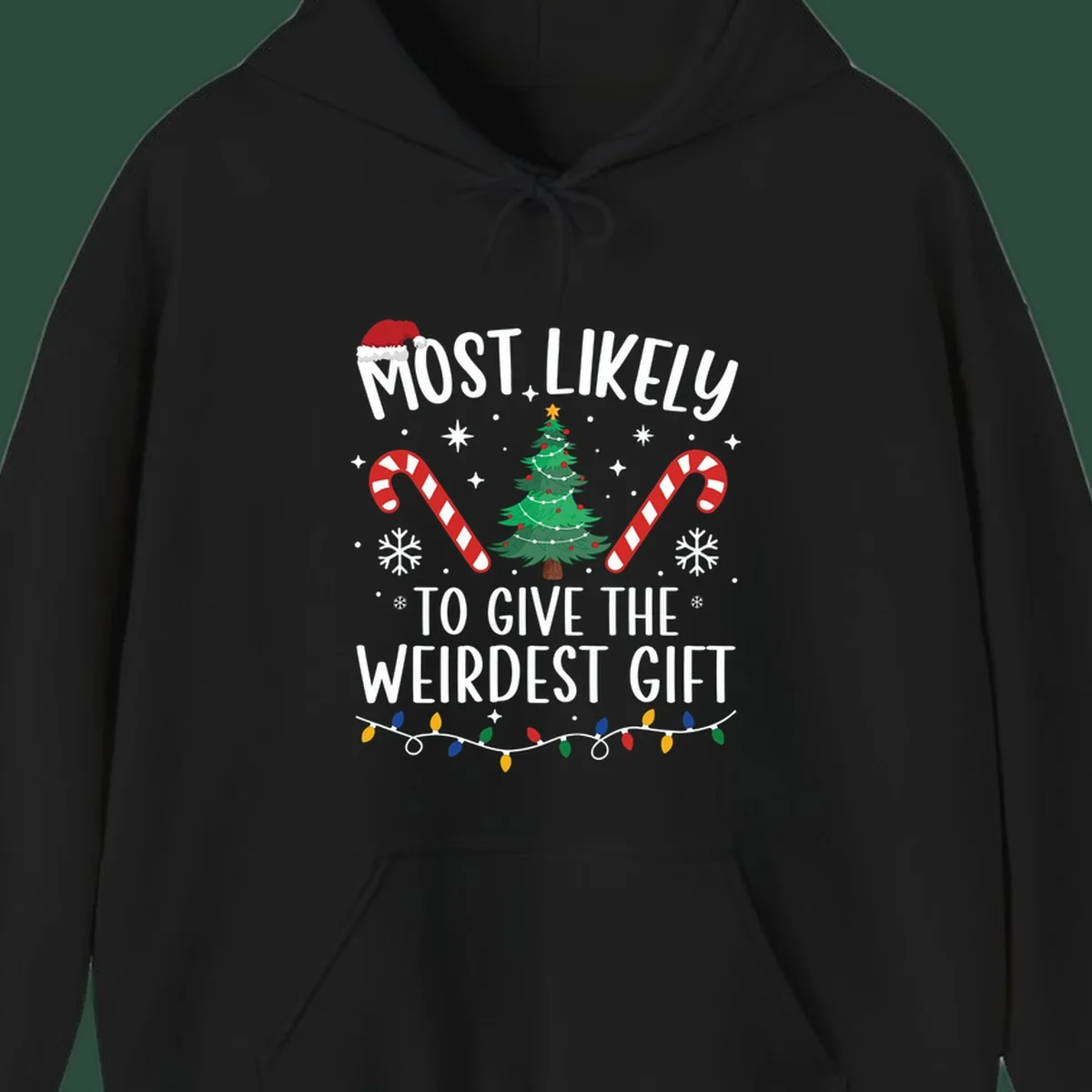 Most likely to give the weirdest gift Christmas design with text, Santa hat, tree, candy canes, and lights.