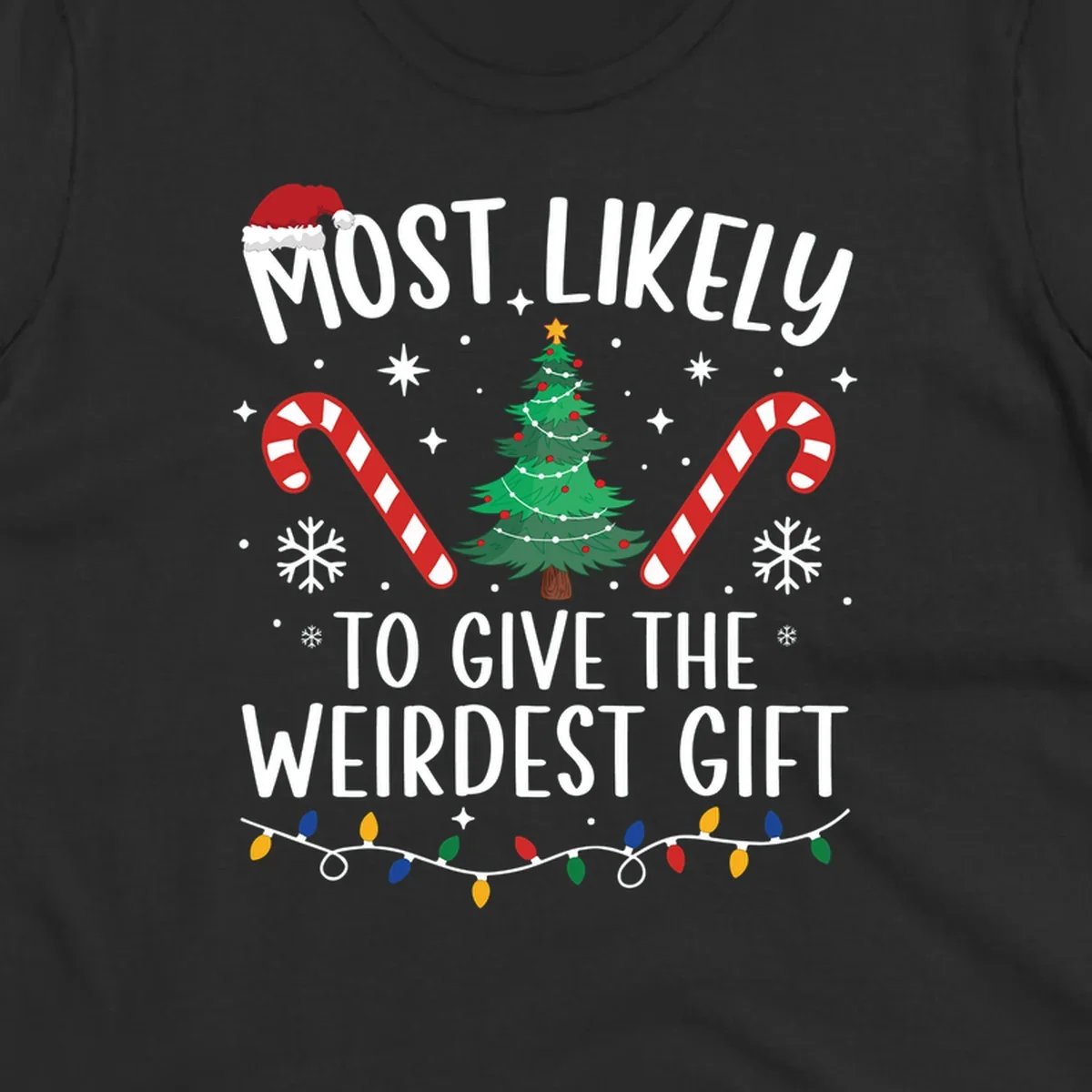 Most likely to give the weirdest gift Christmas design with text, Santa hat, tree, candy canes, and lights.