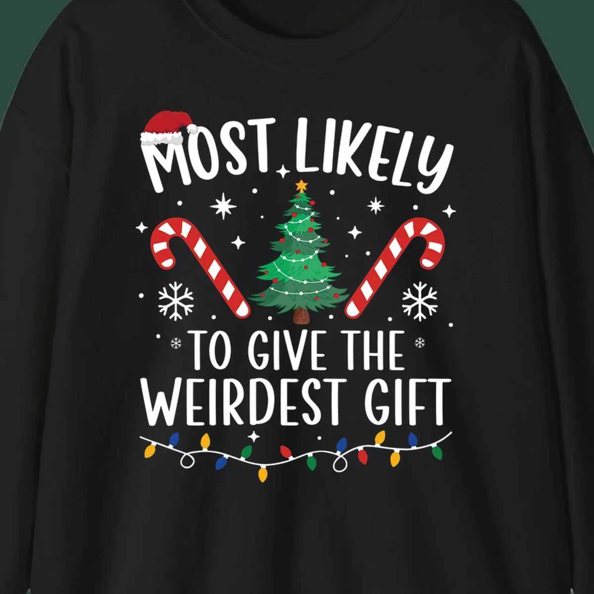 Most likely to give the weirdest gift Christmas design with text, Santa hat, tree, candy canes, and lights.