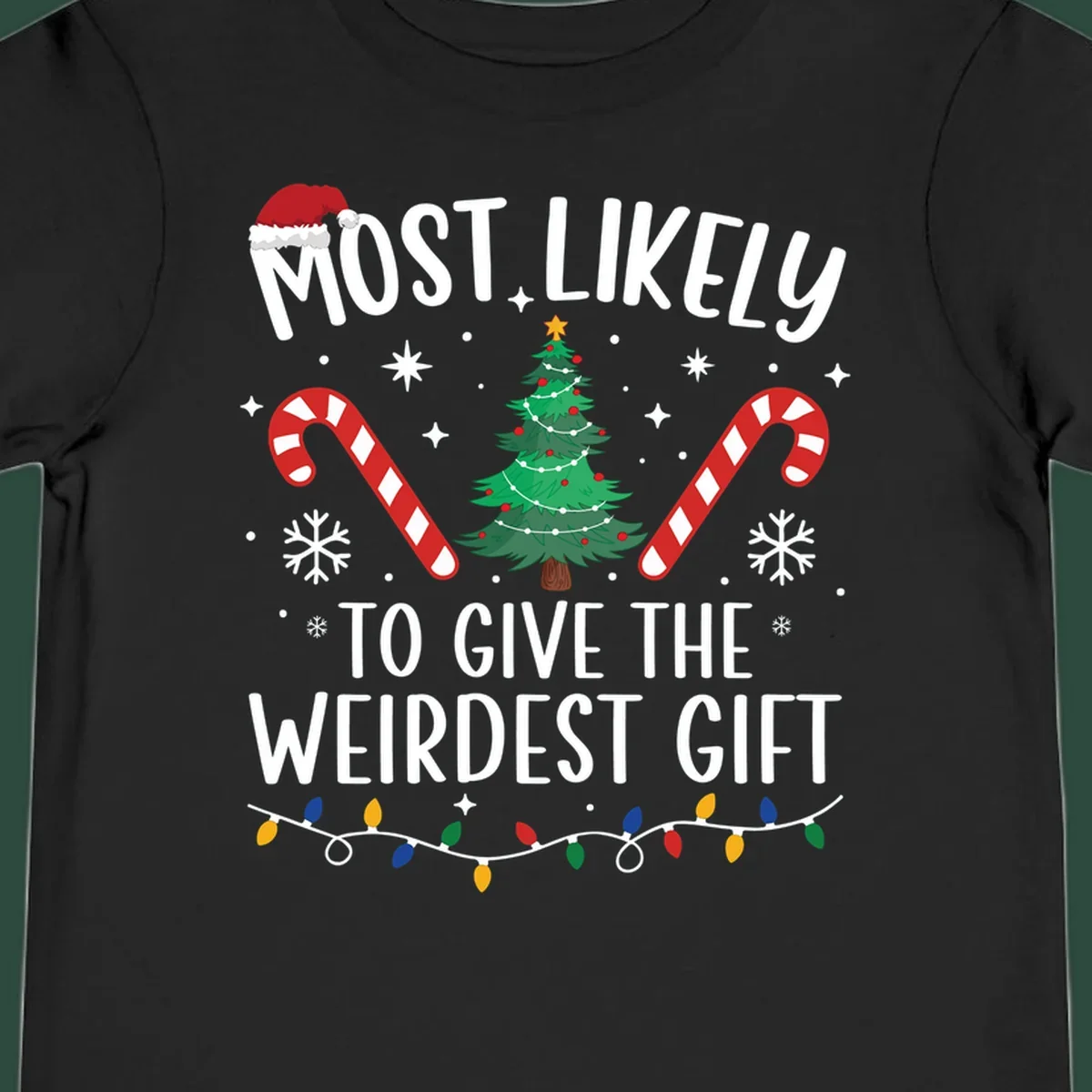 Most likely to give the weirdest gift Christmas design with text, Santa hat, tree, candy canes, and lights.
