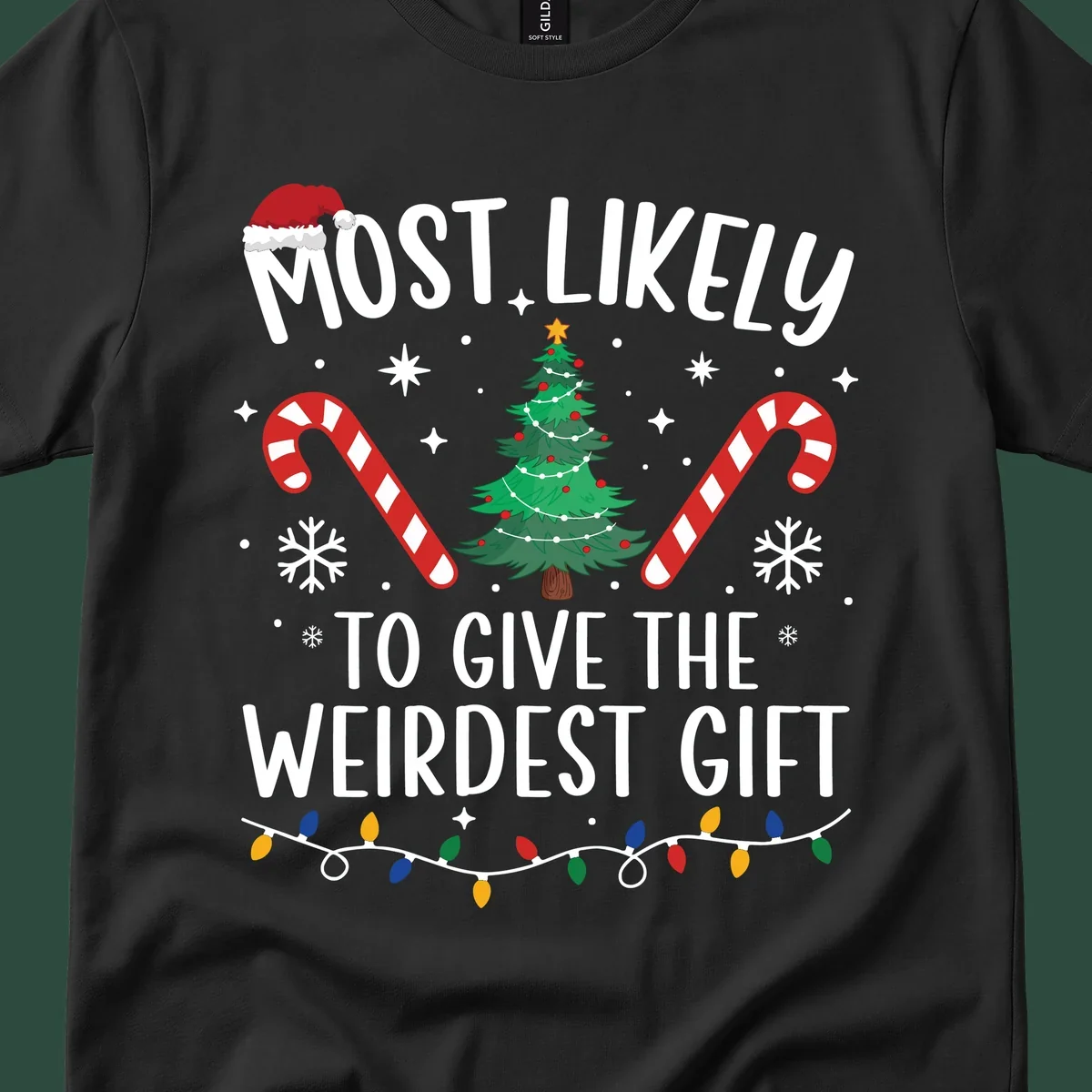 Most likely to give the weirdest gift Christmas design with text, Santa hat, tree, candy canes, and lights.