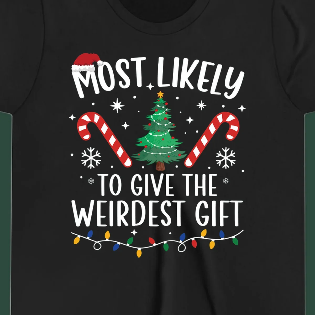 Most likely to give the weirdest gift Christmas design with text, Santa hat, tree, candy canes, and lights.