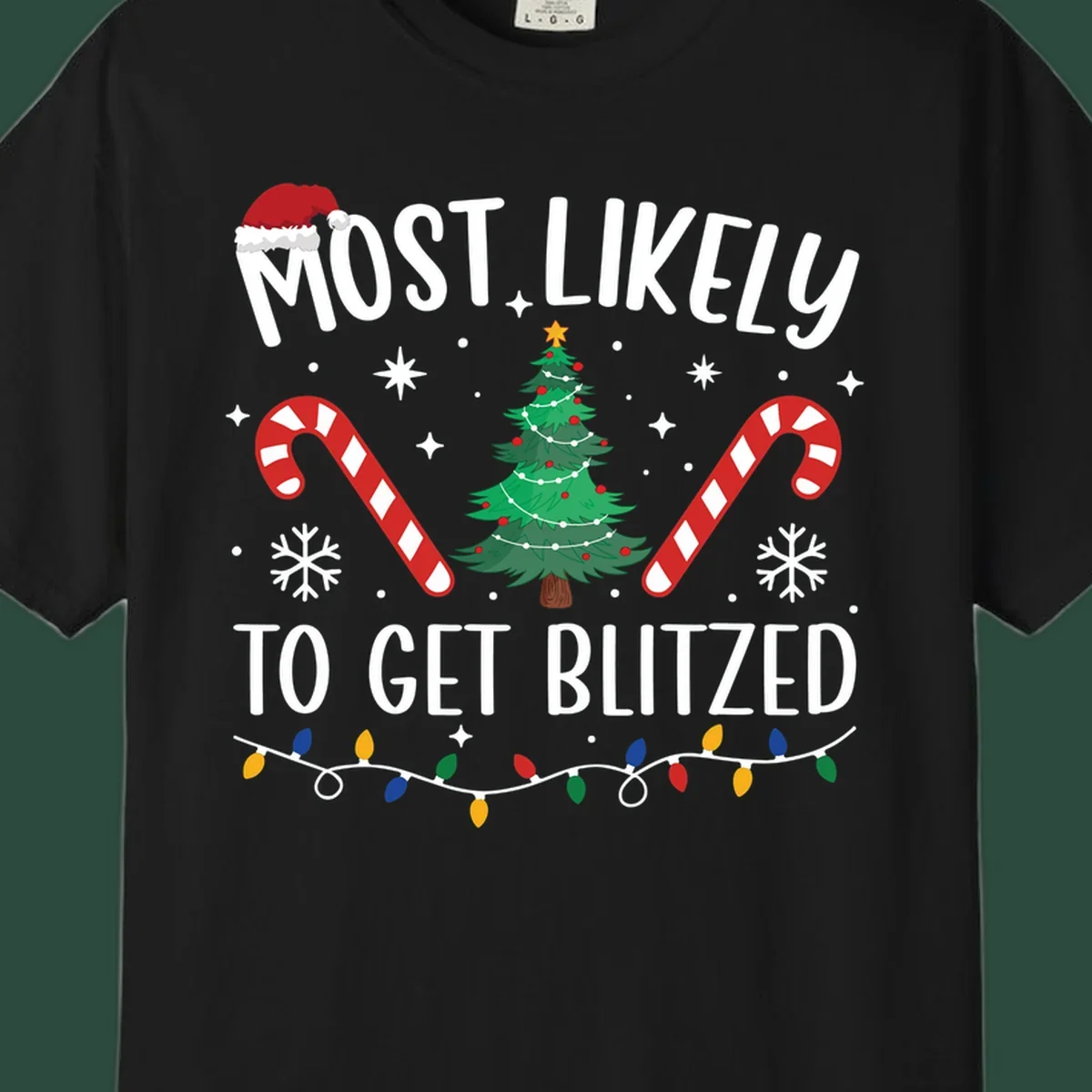 Most likely to get blitzed Christmas drinking text with tree, candy canes, and lights.
