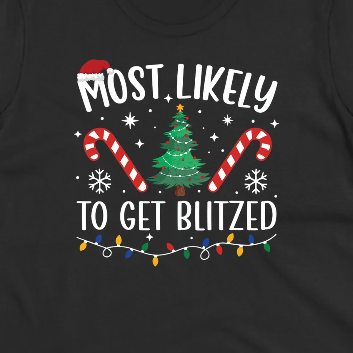 Most likely to get blitzed Christmas drinking text with tree, candy canes, and lights.