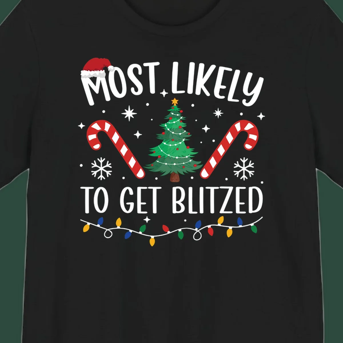 Most likely to get blitzed Christmas drinking text with tree, candy canes, and lights.