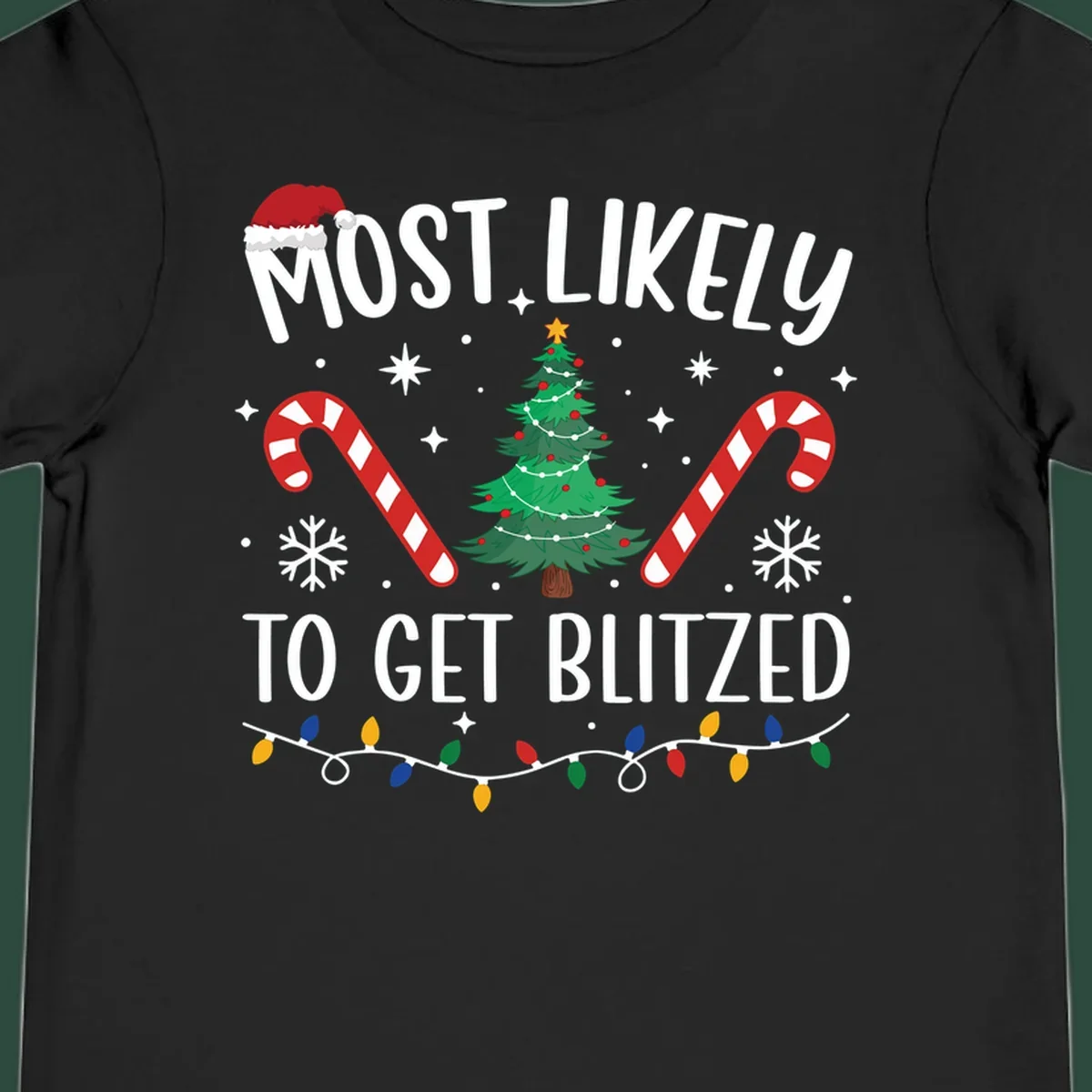Most likely to get blitzed Christmas drinking text with tree, candy canes, and lights.