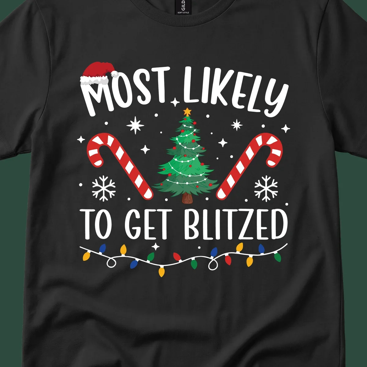 Most likely to get blitzed Christmas drinking text with tree, candy canes, and lights.