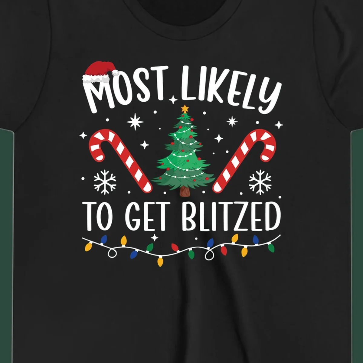 Most likely to get blitzed Christmas drinking text with tree, candy canes, and lights.