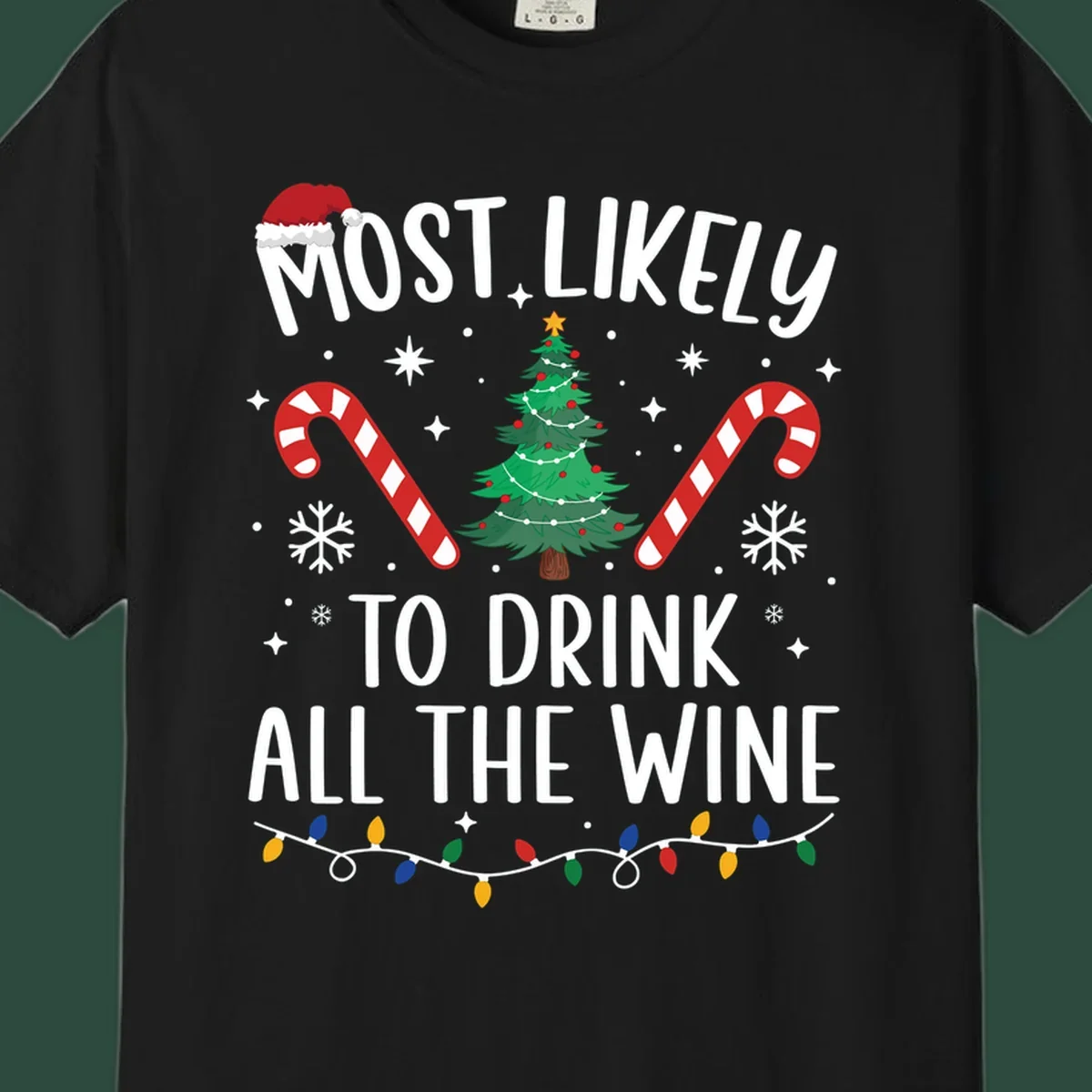 Most likely to drink all the wine Christmas design with text, tree, candy canes, and snowflakes.