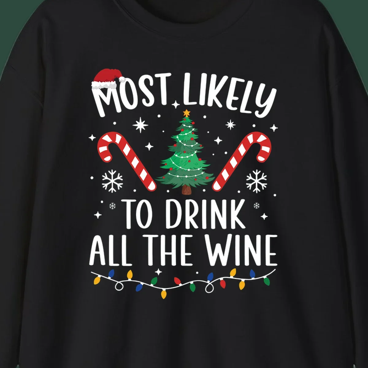 Most likely to drink all the wine Christmas design with text, tree, candy canes, and snowflakes.