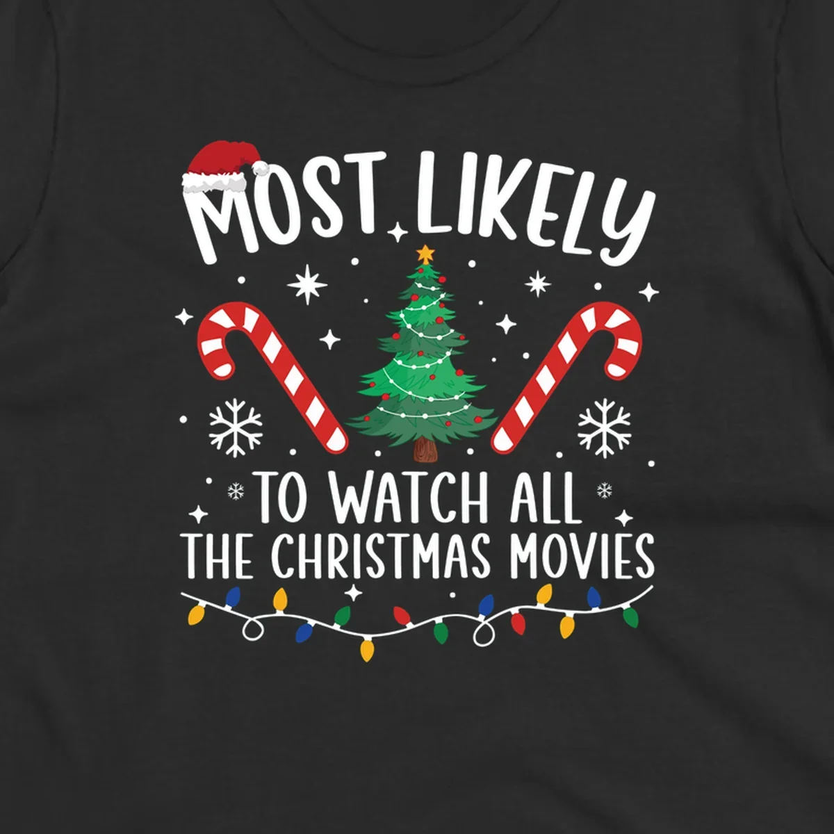 Most Likely To Watch All The Christmas Movies text with christmas tree, candy canes, and lights.