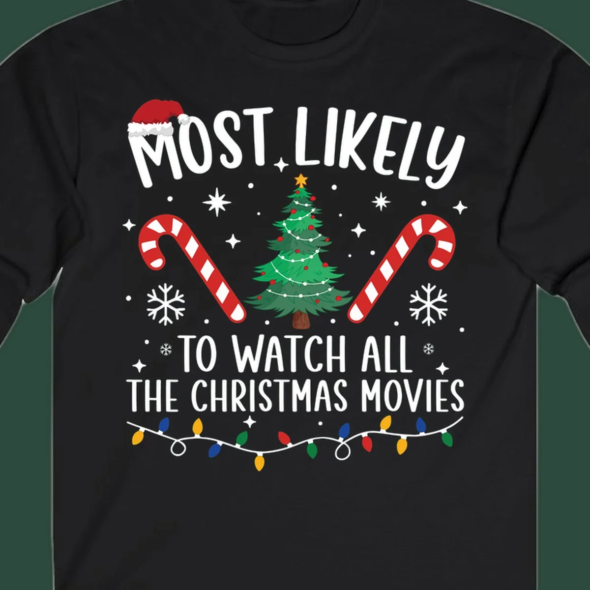 Most Likely To Watch All The Christmas Movies text with christmas tree, candy canes, and lights.