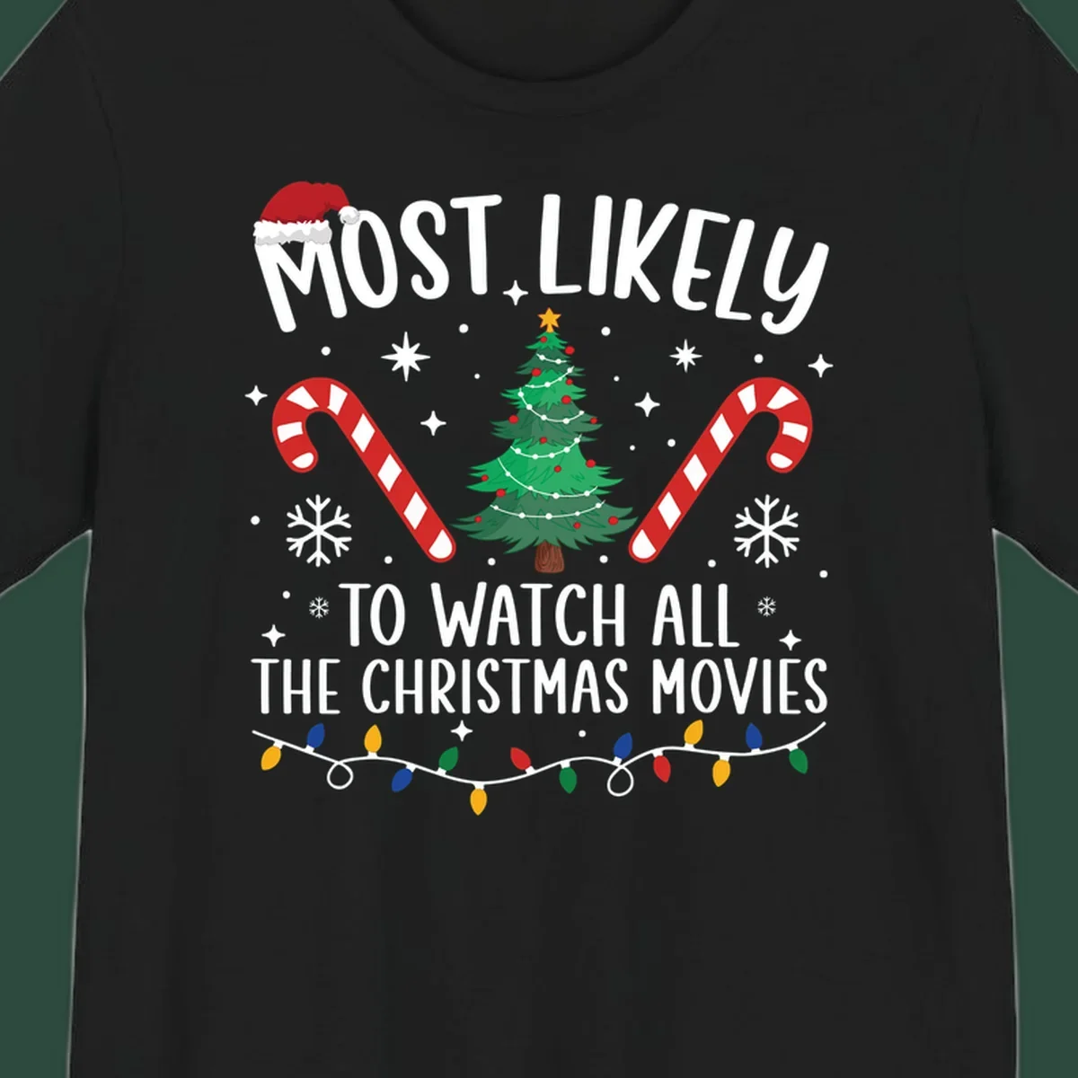 Most Likely To Watch All The Christmas Movies text with christmas tree, candy canes, and lights.