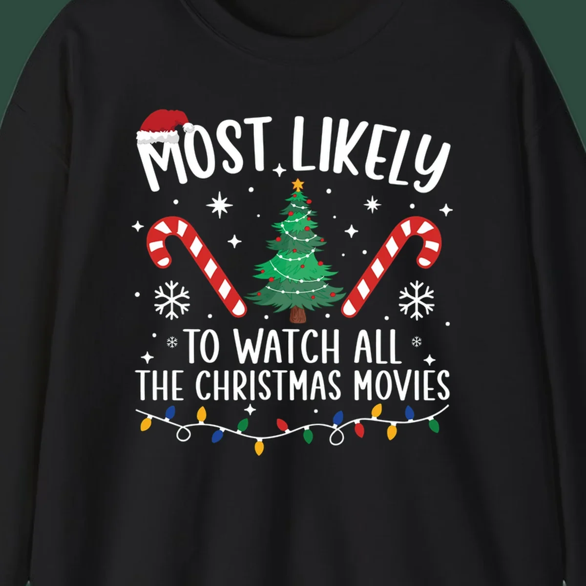 Most Likely To Watch All The Christmas Movies text with christmas tree, candy canes, and lights.