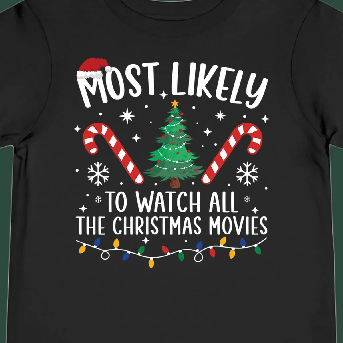 Most Likely To Watch All The Christmas Movies text with christmas tree, candy canes, and lights.
