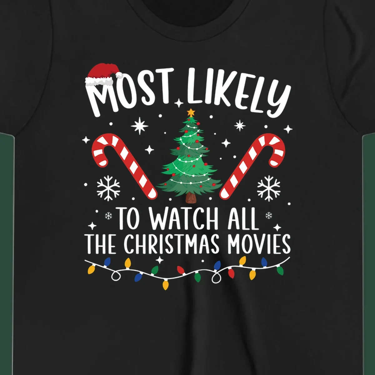 Most Likely To Watch All The Christmas Movies text with christmas tree, candy canes, and lights.