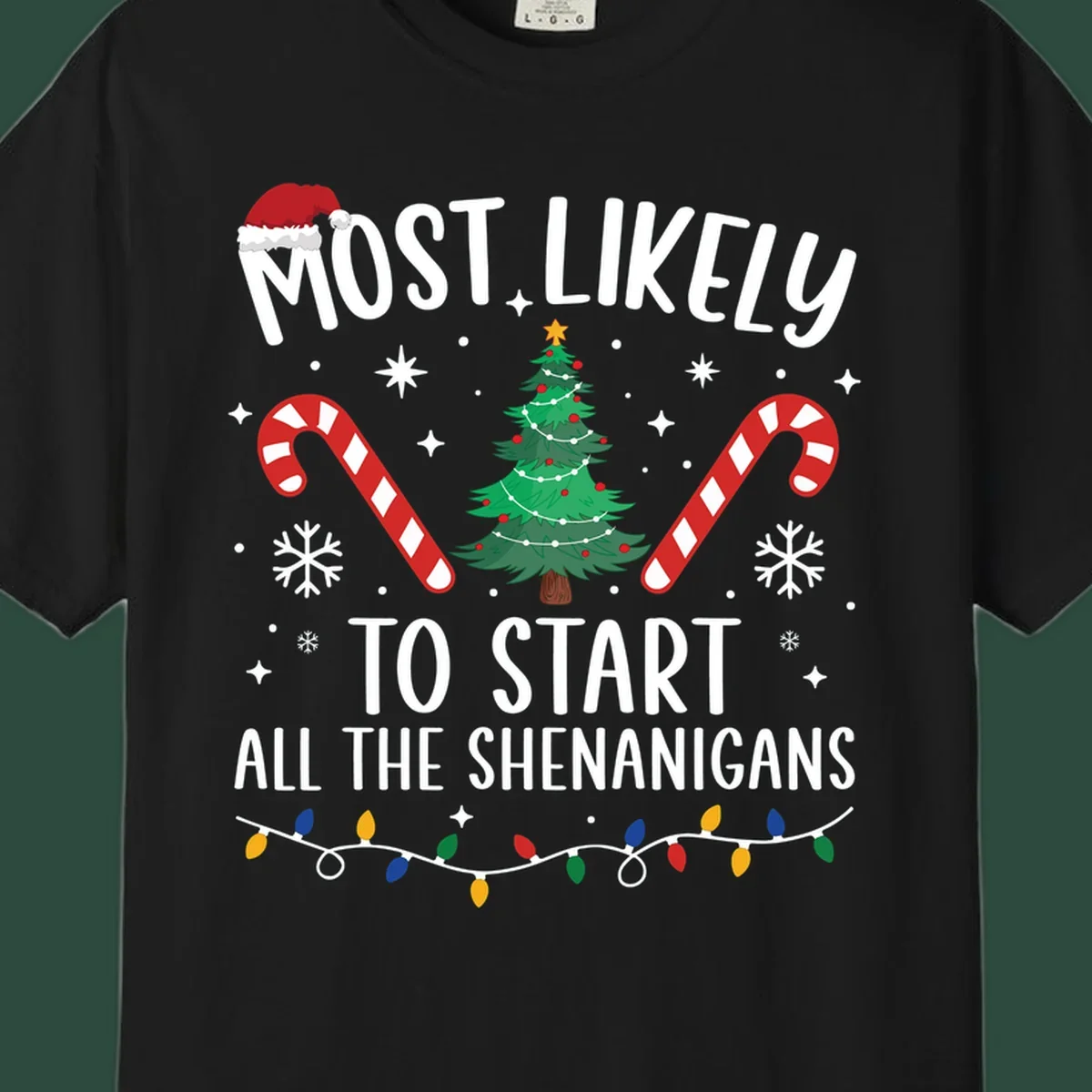 Most Likely To Start Shenanigans Christmas Crew text with tree and candy canes.