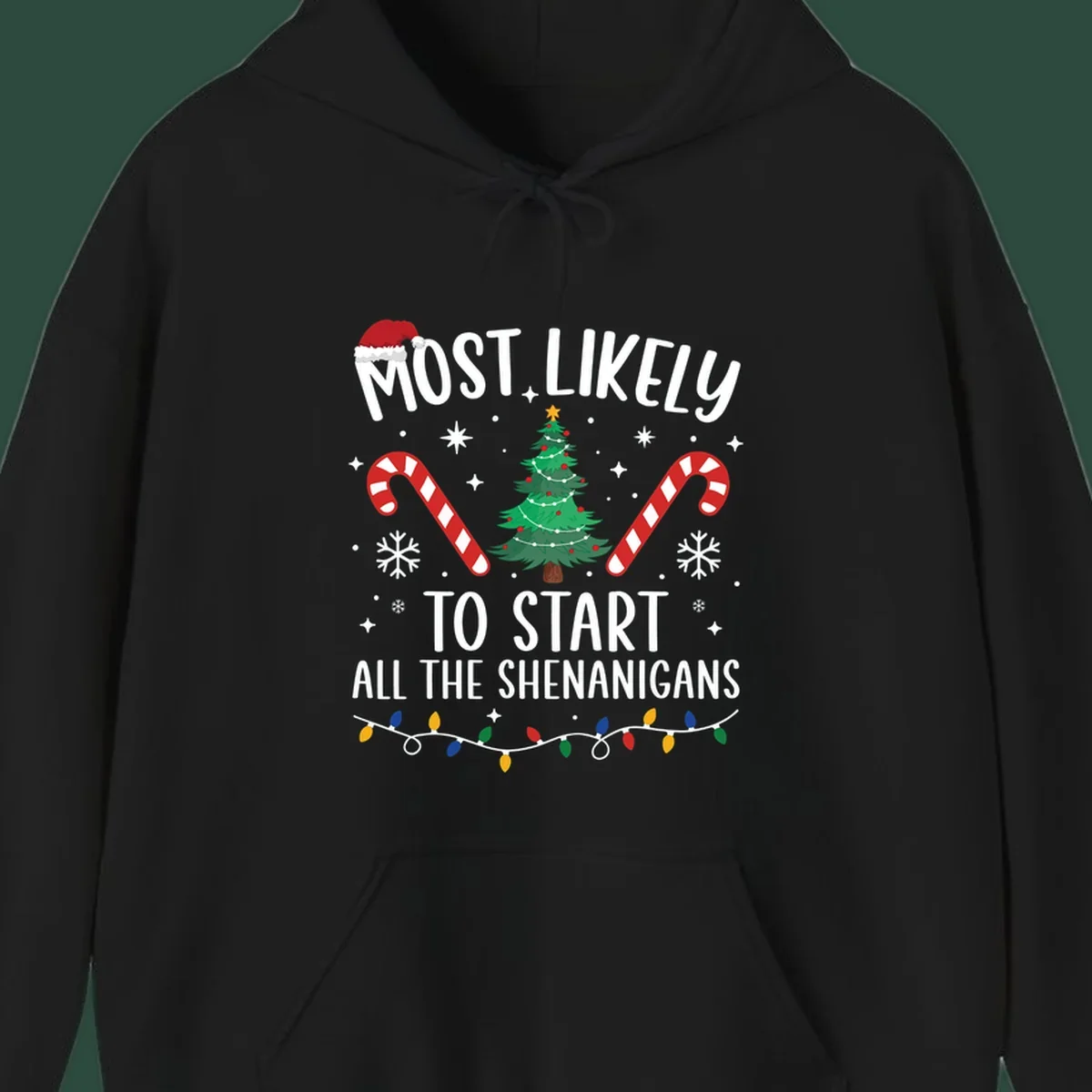 Most Likely To Start Shenanigans Christmas Crew text with tree and candy canes.