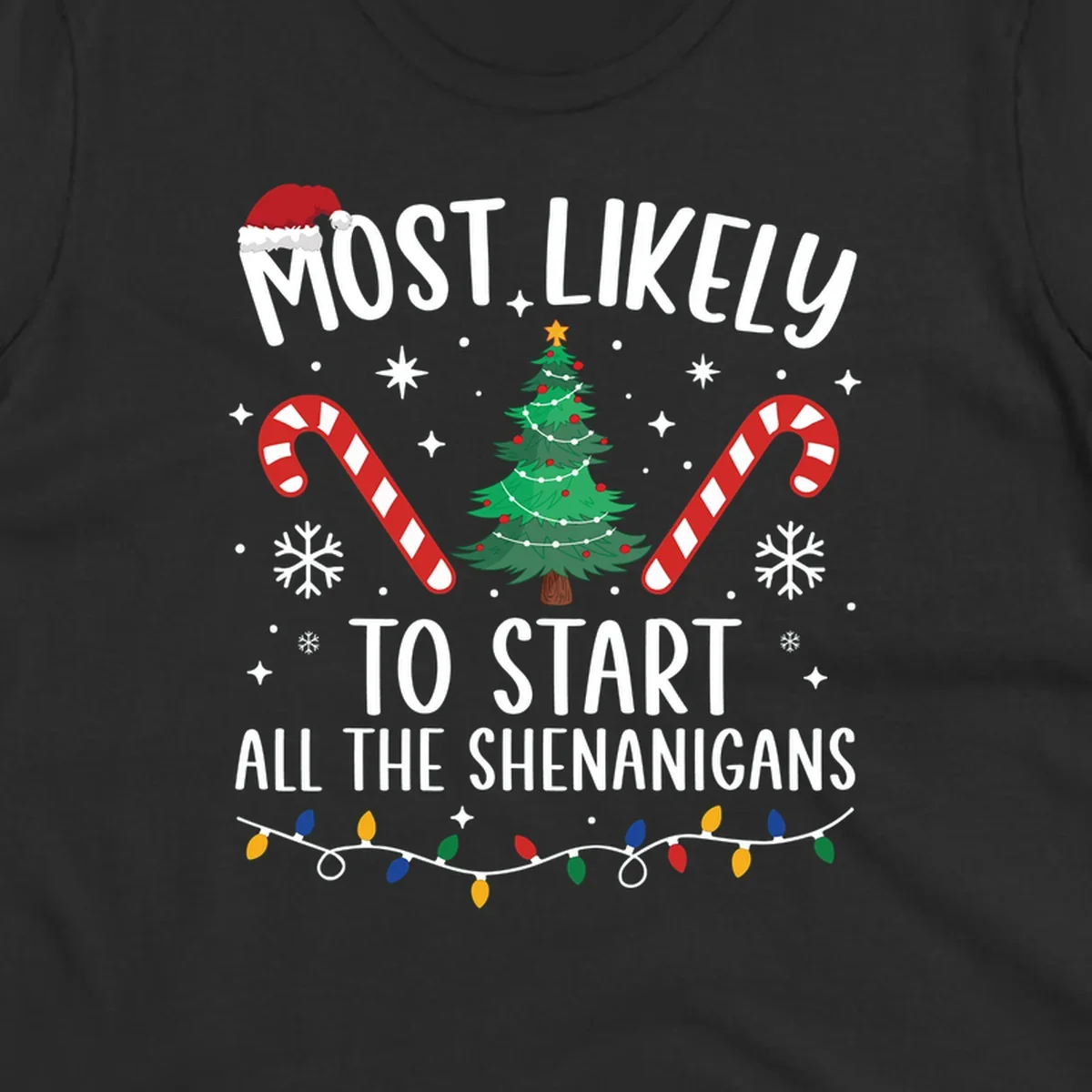Most Likely To Start Shenanigans Christmas Crew text with tree and candy canes.