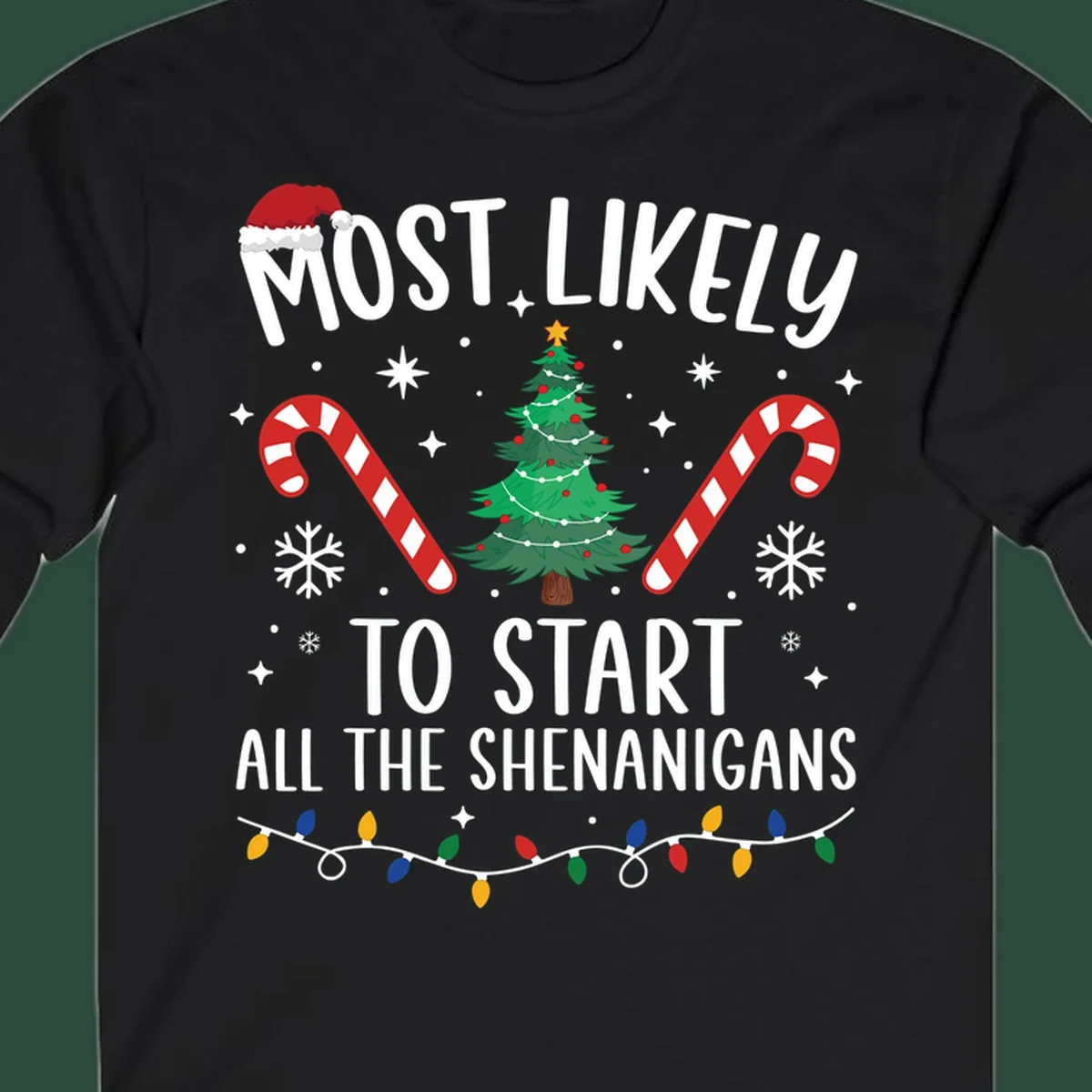 Most Likely To Start Shenanigans Christmas Crew text with tree and candy canes.