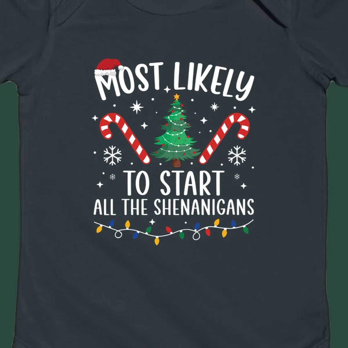 Most Likely To Start Shenanigans Christmas Crew text with tree and candy canes.