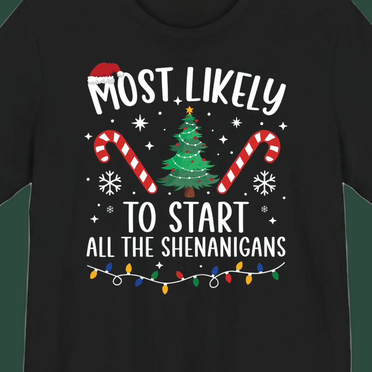 Most Likely To Start Shenanigans Christmas Crew text with tree and candy canes.