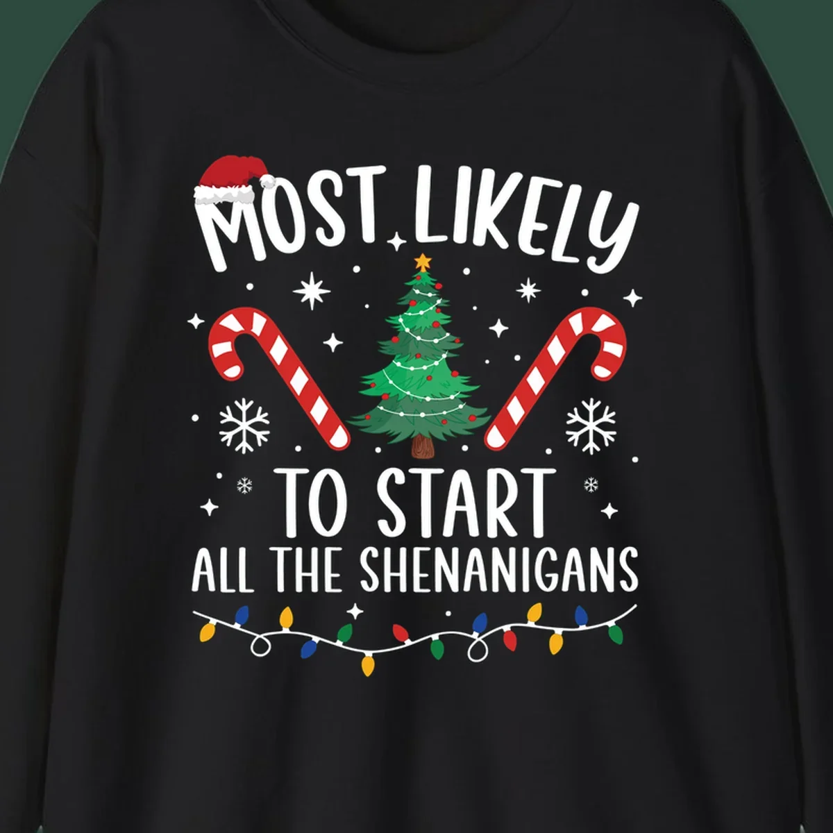 Most Likely To Start Shenanigans Christmas Crew text with tree and candy canes.
