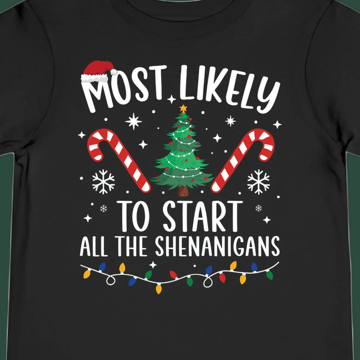 Most Likely To Start Shenanigans Christmas Crew text with tree and candy canes.