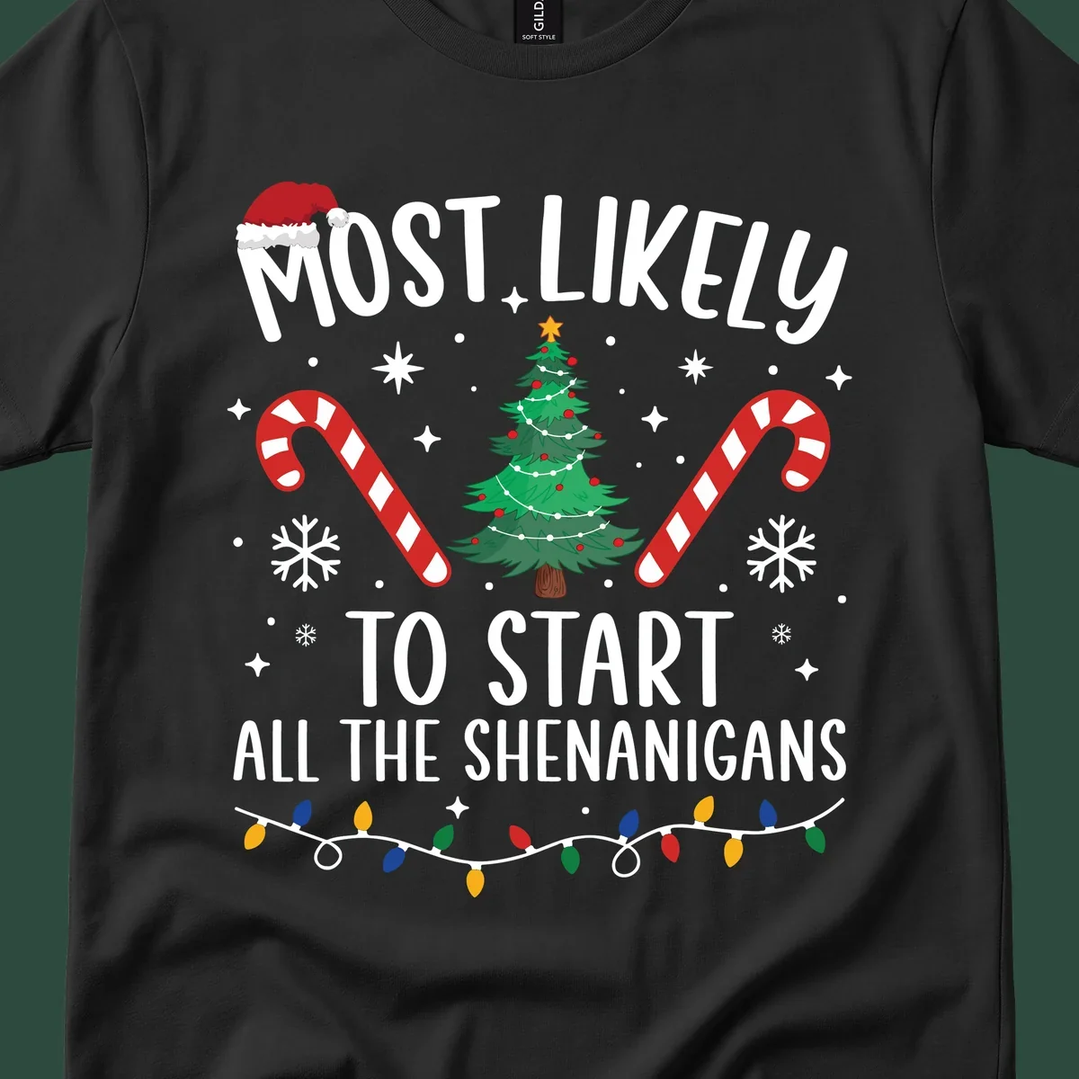 Most Likely To Start Shenanigans Christmas Crew text with tree and candy canes.