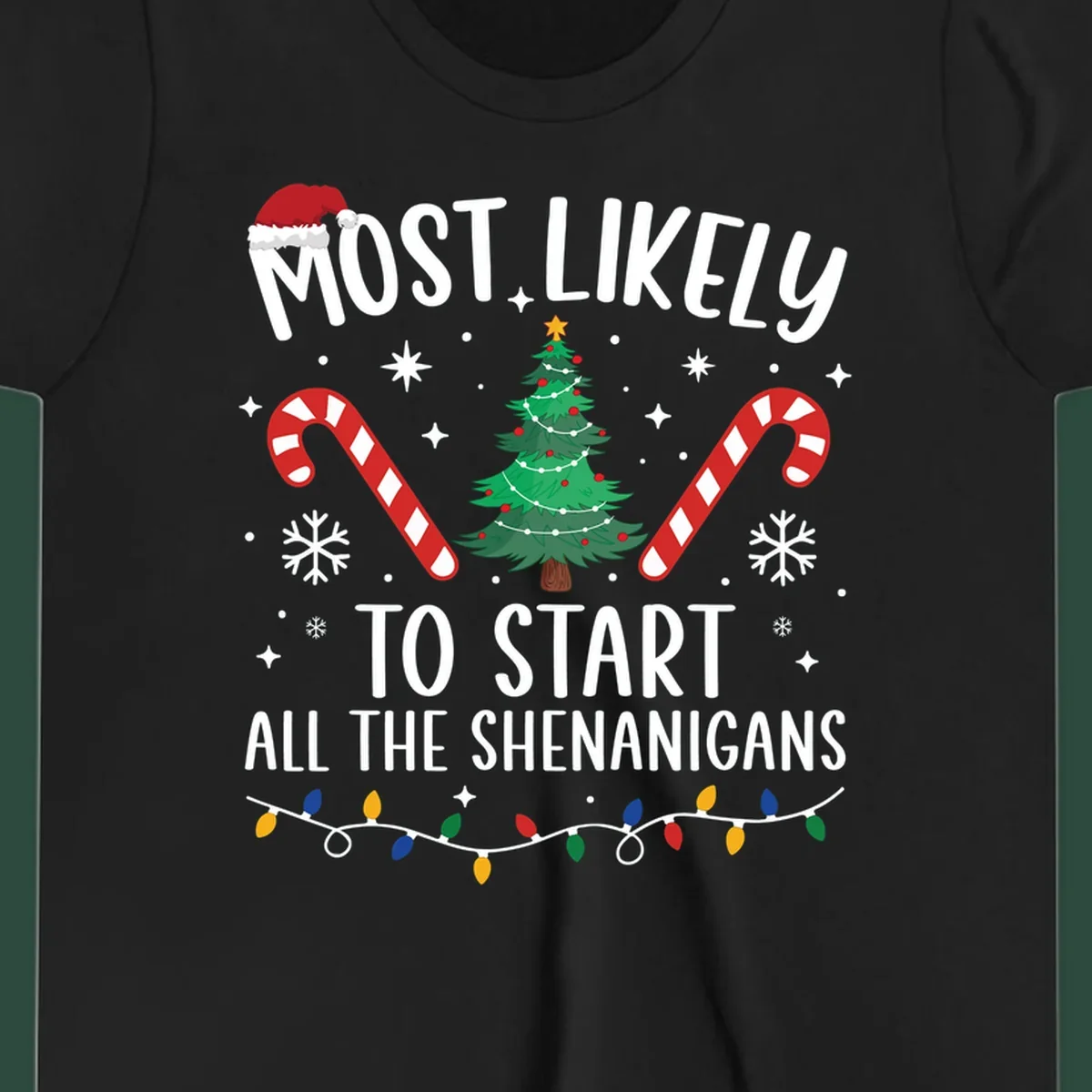 Most Likely To Start Shenanigans Christmas Crew text with tree and candy canes.