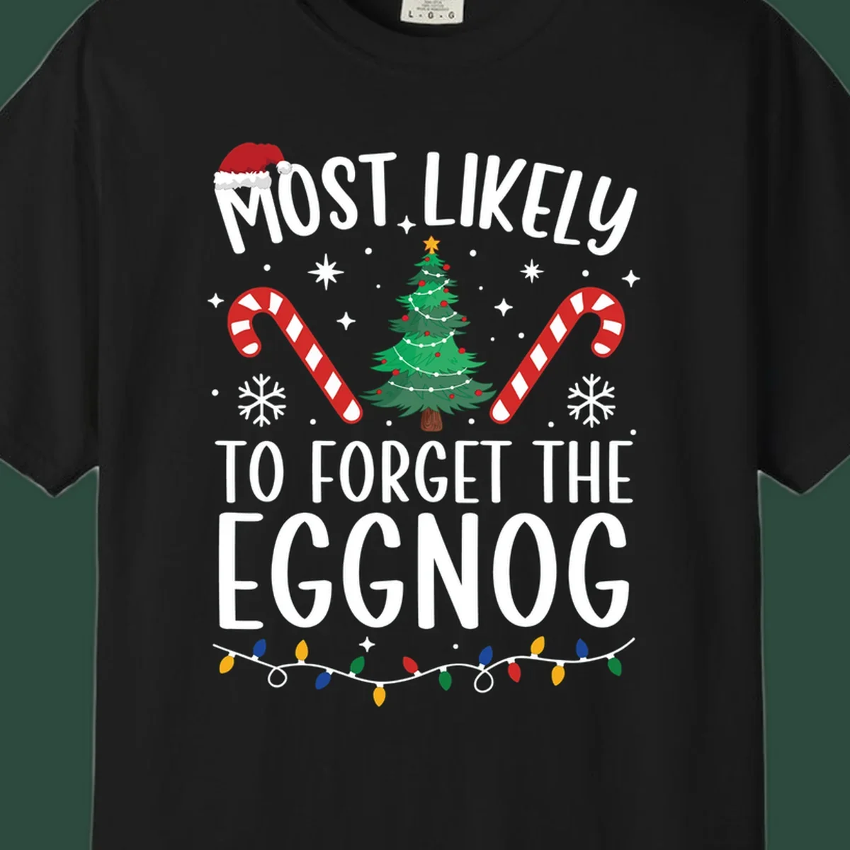 Text 'Most Likely To Forget The Eggnog' with Christmas graphics like a Santa hat, tree, and candy canes.
