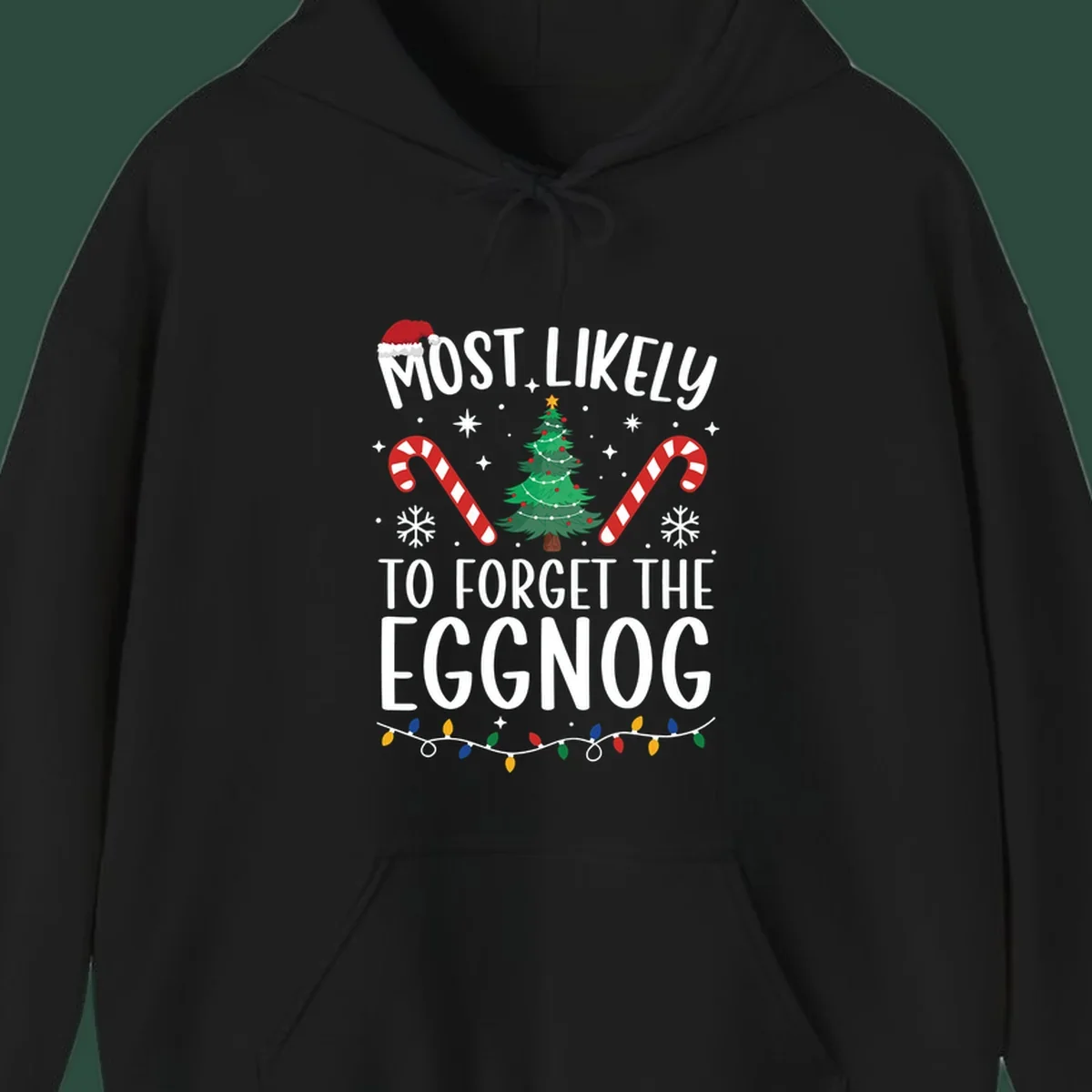 Text 'Most Likely To Forget The Eggnog' with Christmas graphics like a Santa hat, tree, and candy canes.