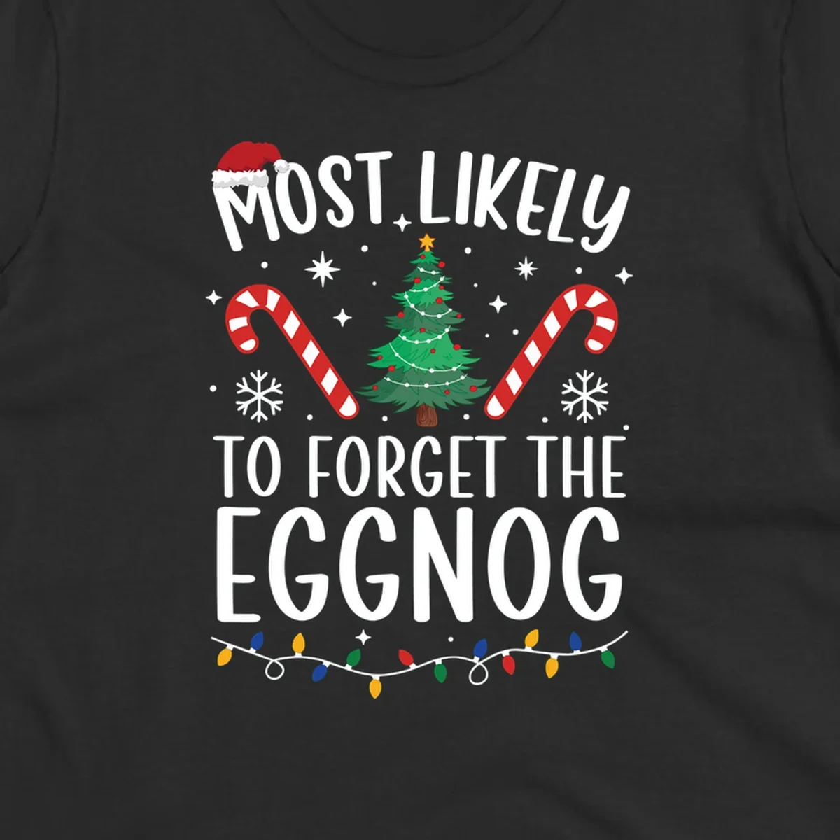 Text 'Most Likely To Forget The Eggnog' with Christmas graphics like a Santa hat, tree, and candy canes.