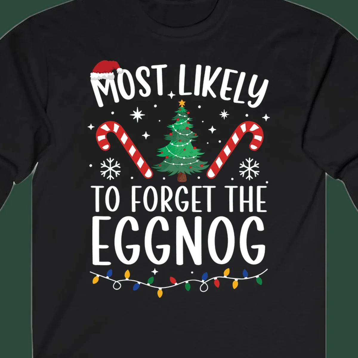 Text 'Most Likely To Forget The Eggnog' with Christmas graphics like a Santa hat, tree, and candy canes.