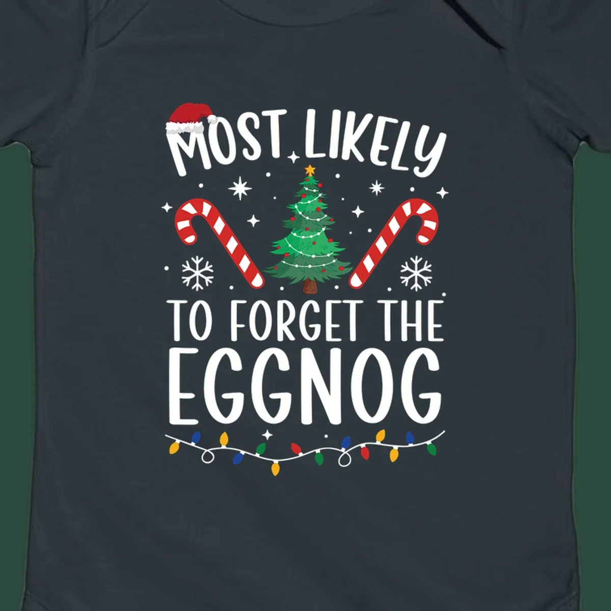 Text 'Most Likely To Forget The Eggnog' with Christmas graphics like a Santa hat, tree, and candy canes.