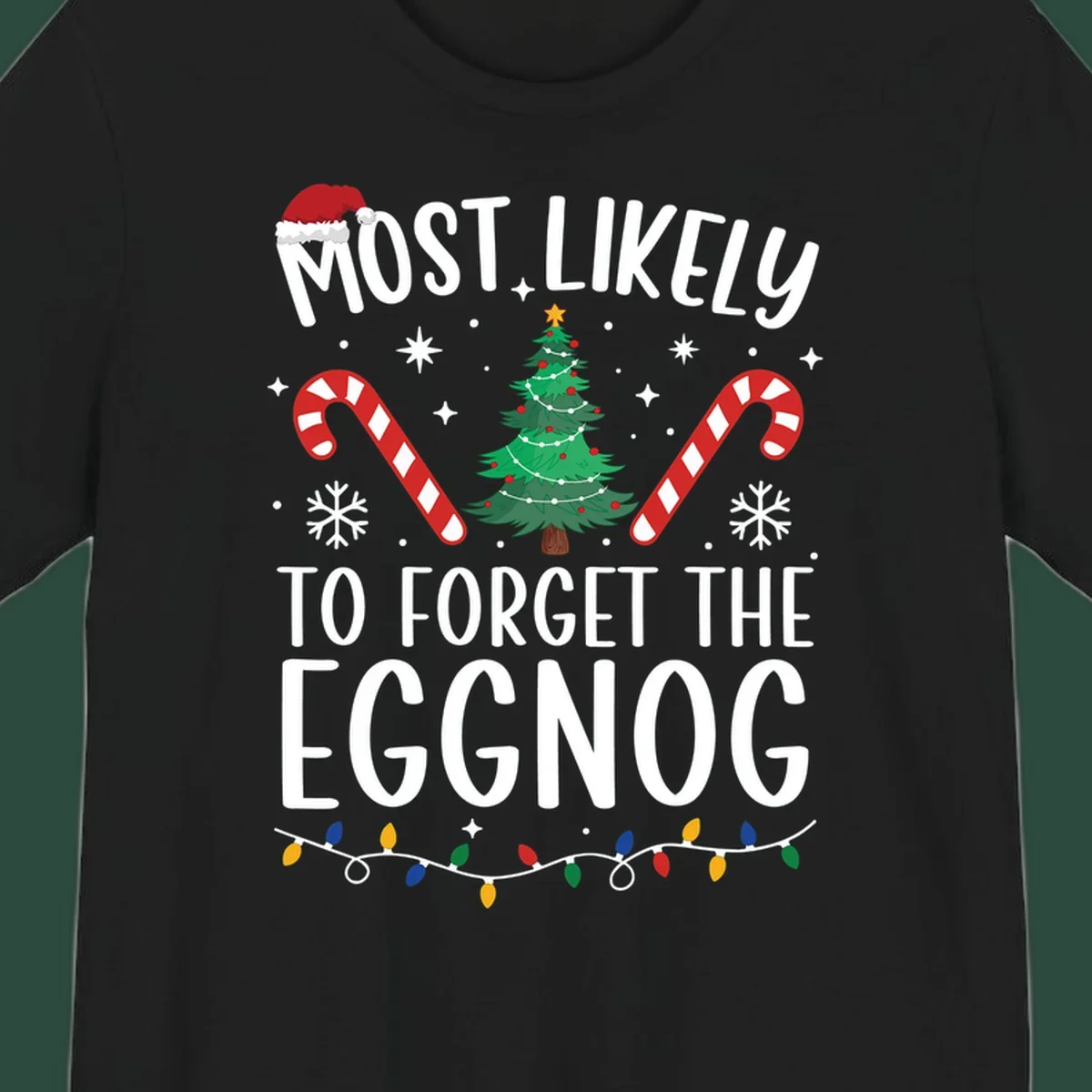 Text 'Most Likely To Forget The Eggnog' with Christmas graphics like a Santa hat, tree, and candy canes.