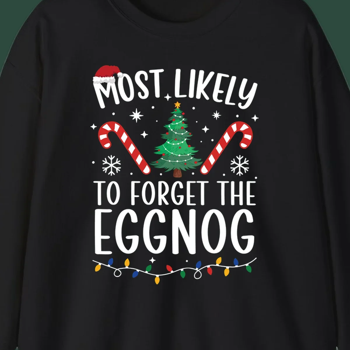 Text 'Most Likely To Forget The Eggnog' with Christmas graphics like a Santa hat, tree, and candy canes.