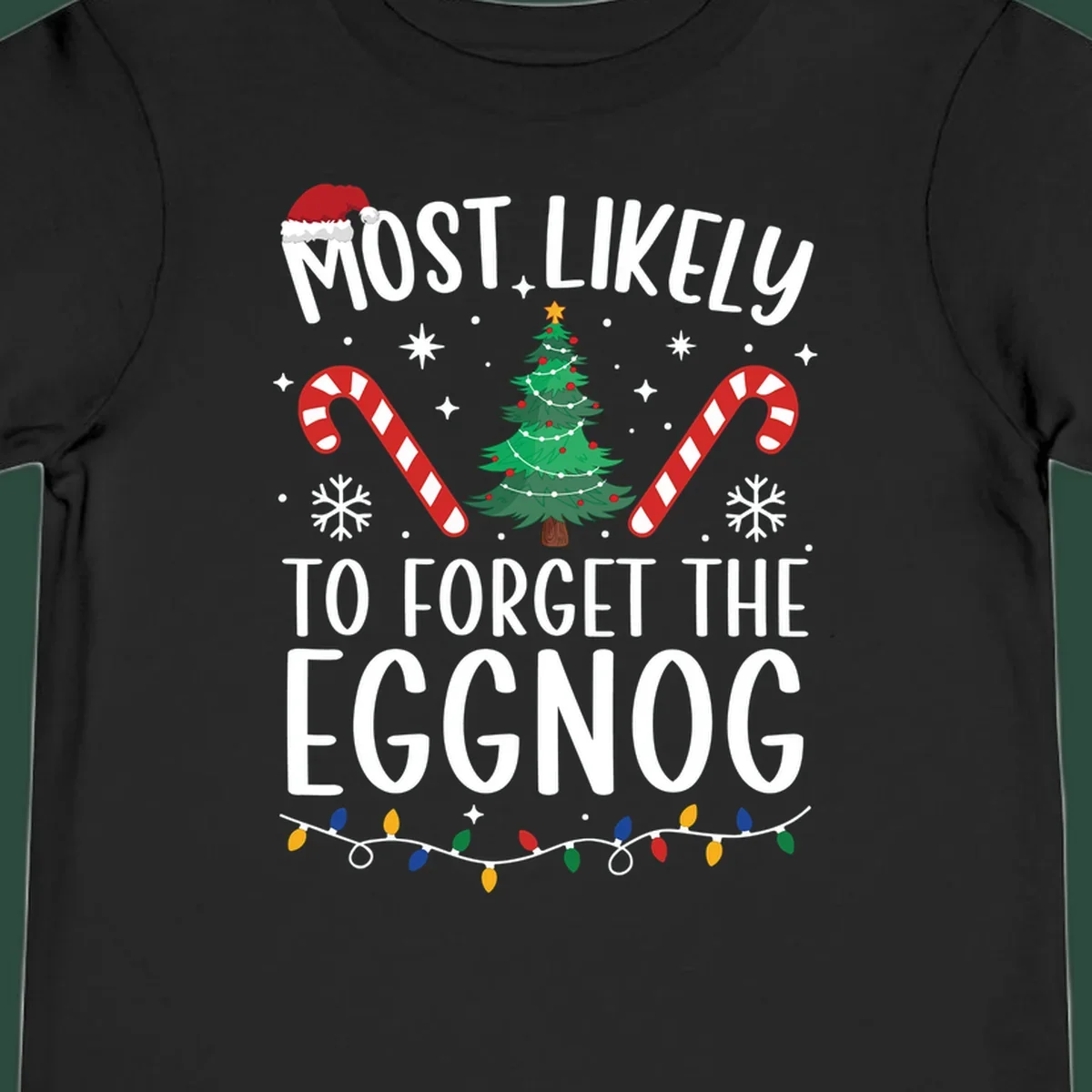 Text 'Most Likely To Forget The Eggnog' with Christmas graphics like a Santa hat, tree, and candy canes.
