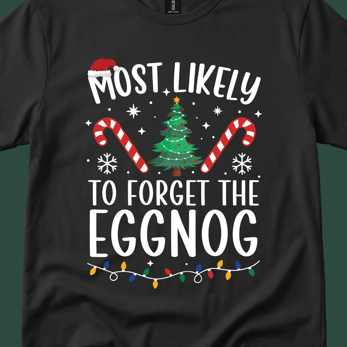 Text 'Most Likely To Forget The Eggnog' with Christmas graphics like a Santa hat, tree, and candy canes.