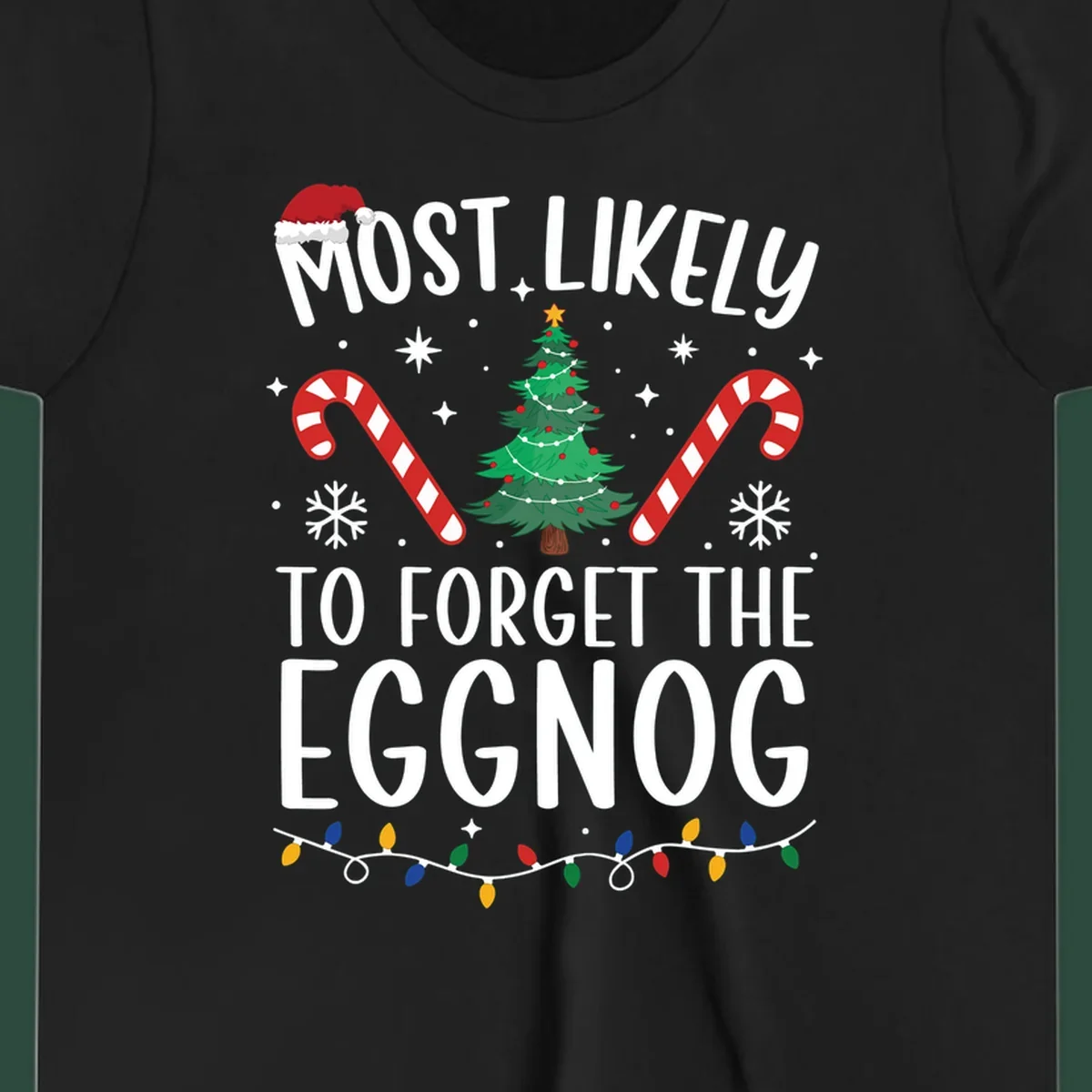 Text 'Most Likely To Forget The Eggnog' with Christmas graphics like a Santa hat, tree, and candy canes.