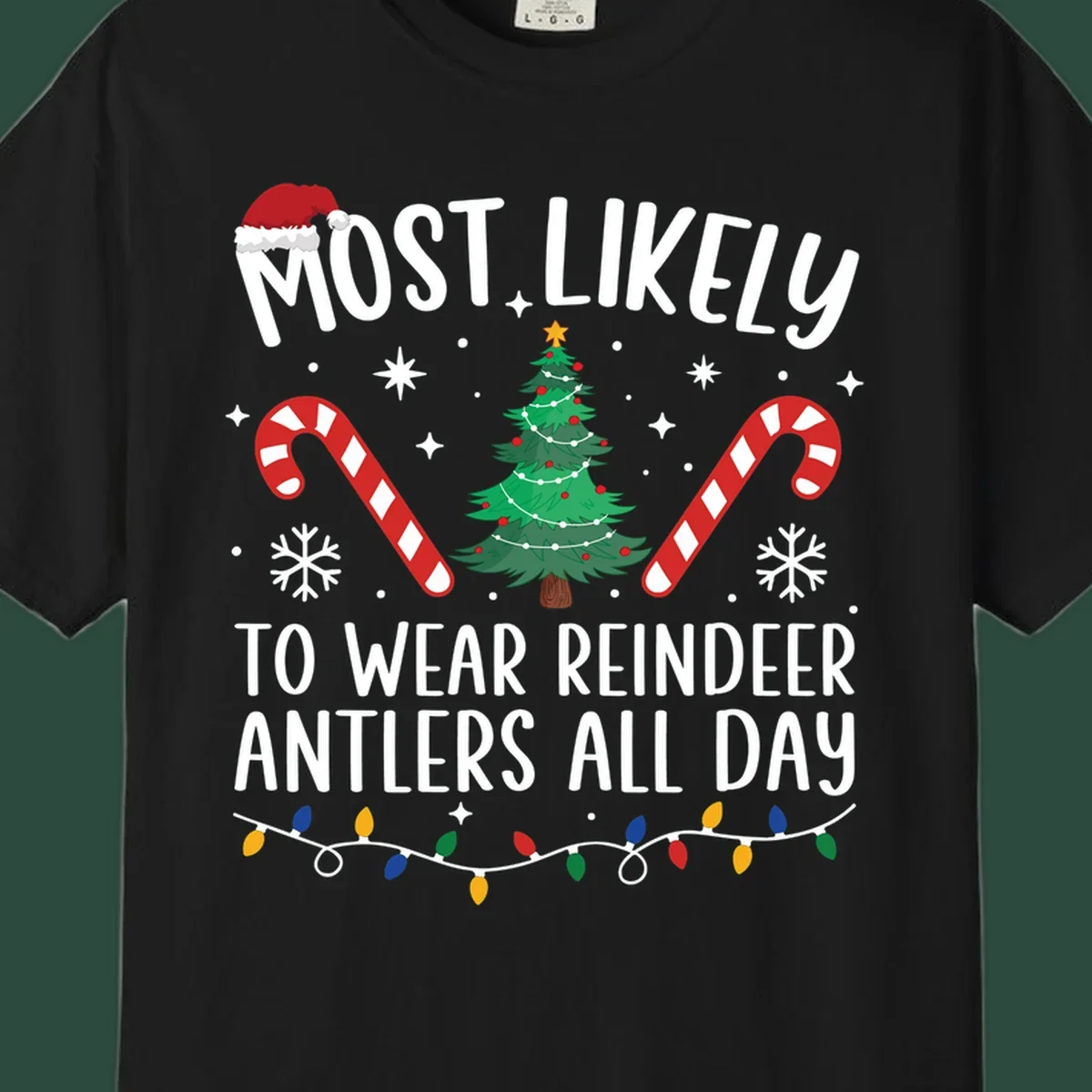 Text "Most Likely To Wear Reindeer Antlers All Day" with Christmas graphics like a tree, candy canes, and Santa hat.
