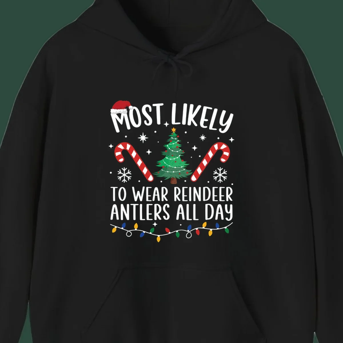 Text "Most Likely To Wear Reindeer Antlers All Day" with Christmas graphics like a tree, candy canes, and Santa hat.
