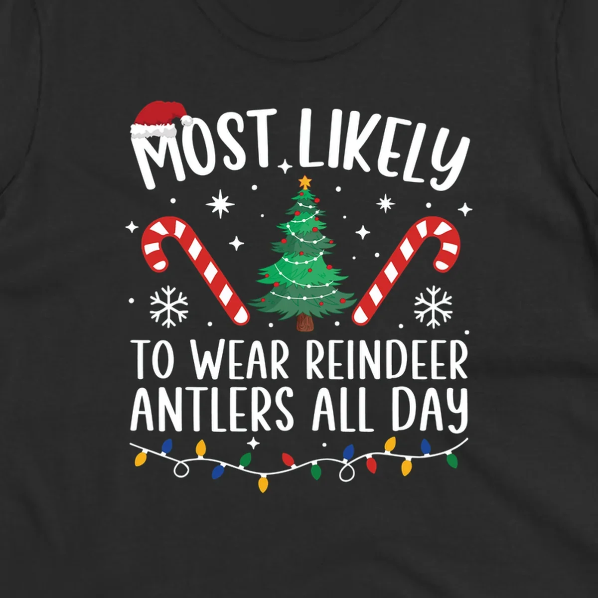 Text "Most Likely To Wear Reindeer Antlers All Day" with Christmas graphics like a tree, candy canes, and Santa hat.