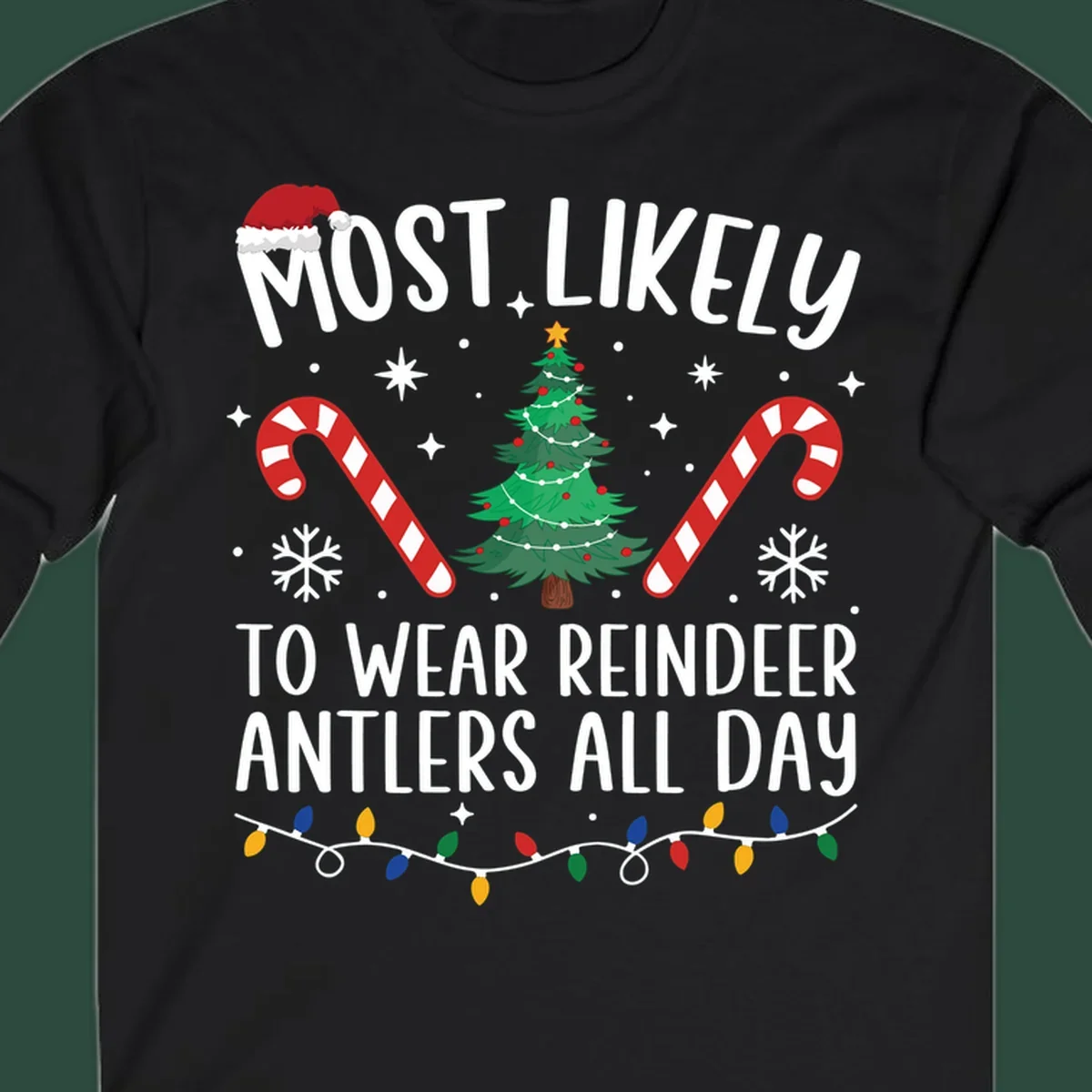 Text "Most Likely To Wear Reindeer Antlers All Day" with Christmas graphics like a tree, candy canes, and Santa hat.
