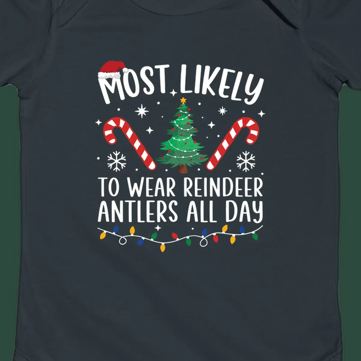 Text "Most Likely To Wear Reindeer Antlers All Day" with Christmas graphics like a tree, candy canes, and Santa hat.