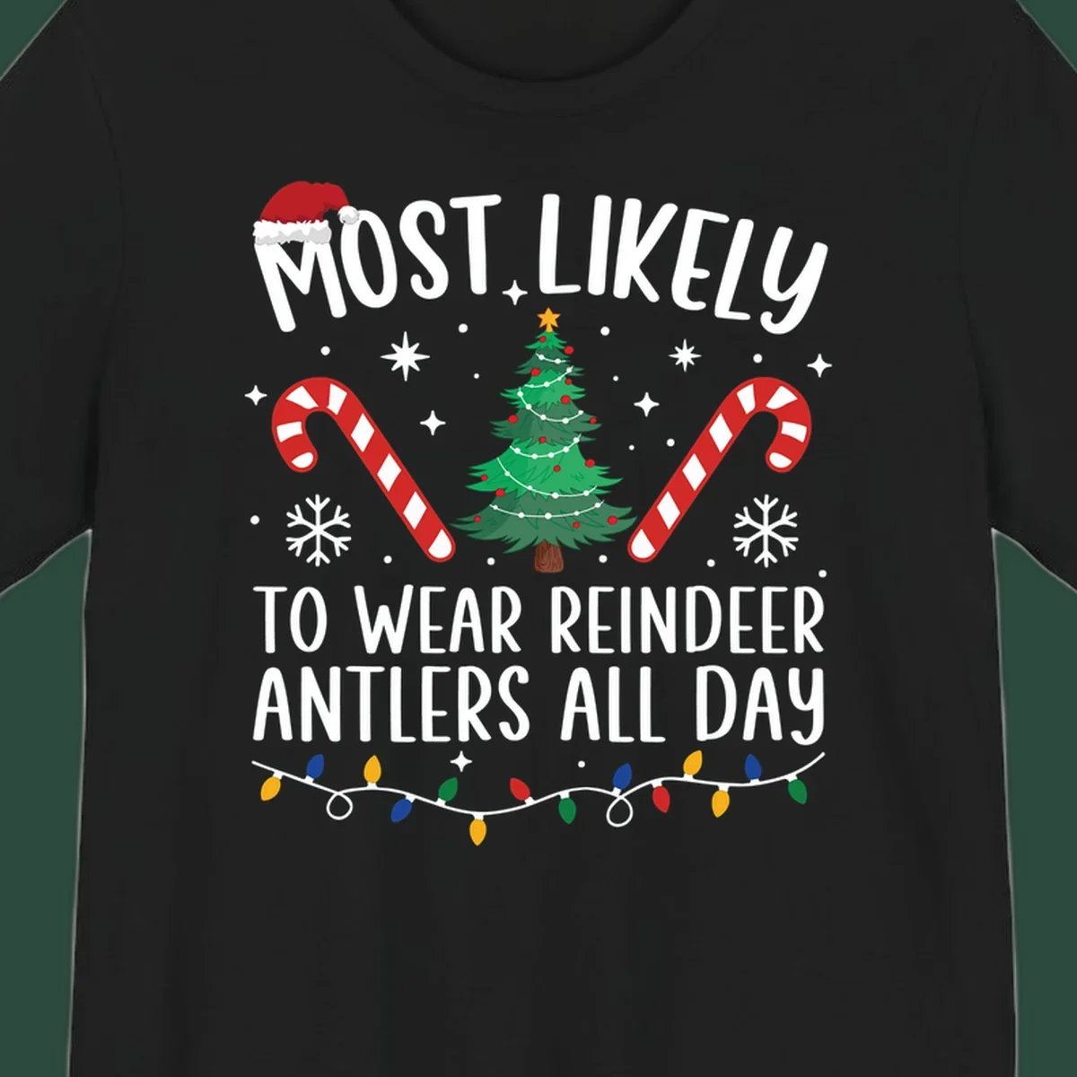 Text "Most Likely To Wear Reindeer Antlers All Day" with Christmas graphics like a tree, candy canes, and Santa hat.