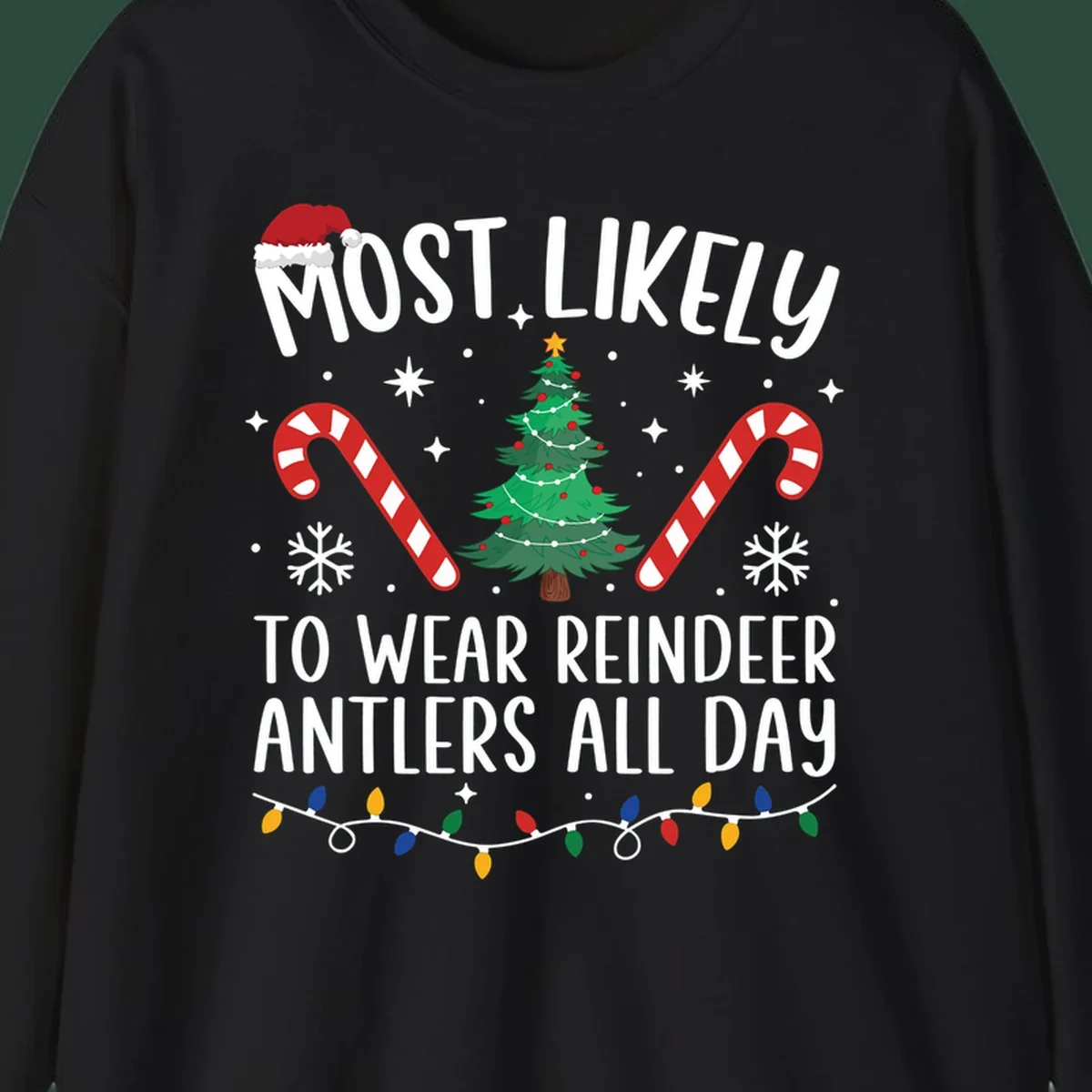 Text "Most Likely To Wear Reindeer Antlers All Day" with Christmas graphics like a tree, candy canes, and Santa hat.