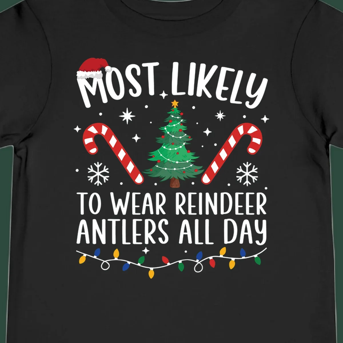 Text "Most Likely To Wear Reindeer Antlers All Day" with Christmas graphics like a tree, candy canes, and Santa hat.