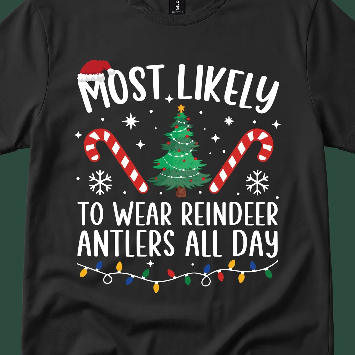 Text "Most Likely To Wear Reindeer Antlers All Day" with Christmas graphics like a tree, candy canes, and Santa hat.